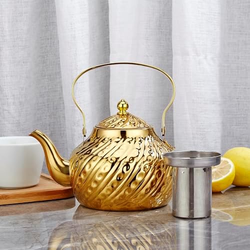 SANQIAHOME 2000ml stainless steel antique style teapot,with Infuser, thickened boiling kettle, lifting handle,Gold - Image 2