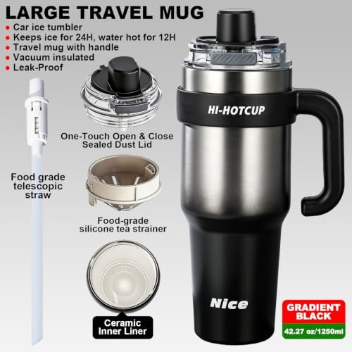 HI-Hotcup-42.58oz Insulated Stainless Steel Travel Mug with Handle, 316/Ceramic Liner Vacuum Tumbler, Leak-Proof Hot Cold Coffee Cup with Straw & Tea Infuser for Car, Outdoor-006 - Image 3