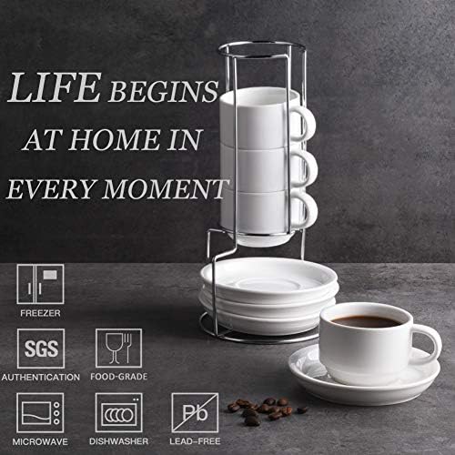 Sweejar Porcelain Espresso Cups with Saucers, 4 Ounce Stackable Cappuccino Cups with Metal Stand for Coffee Drinks, Latte, Tea - Set of 4 (White) - Image 2