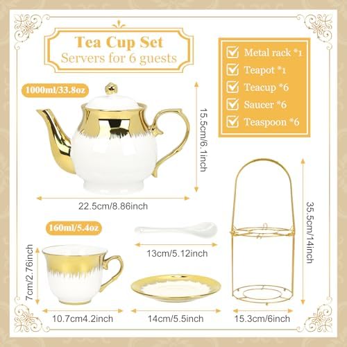 Porcelain Tea Set, Large Ceramic Tea Set for Adults with Metal Holder, 20 Pcs European Tea Cup Set, Luxury Adult Tea Sets Gift, Gold Trim Tea Cup Saucer Sets for Party Deco,1000ML (Gold Trim) - Image 3