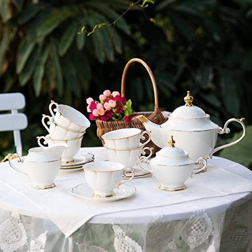 ACMLIFE Tea Sets for Adults Fine Bone China Tea Set for 6, Porcelain Teapot Sets for Adults 24K Gold, Afternoon Modern Cups and Saucers for Women Tea Party or Gifts Giving (White) - Image 2
