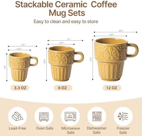 Cappuccino Cups, Espresso Cups, Stackable Mug Set of 6, Ceramic Coffee Mug 6 OZ Khaki for Hot Drinks Milk Dessert, Suitable for Home office Restaurant, Perfect for Holiday & Housewarming Present - Image 2