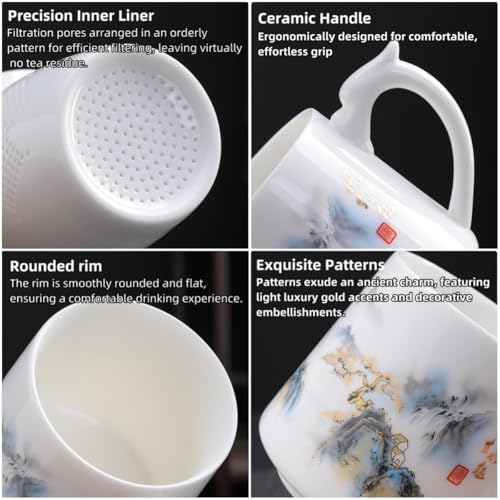 Dehua Porcelain Tea Mug with Lid and Infuser, 380ml Office Cup, Chinese Landscape Pattern, Gold Accents, Leather Coaster, Gift Box Set (Riding the Wave Style B) - Image 4