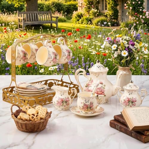 YOLIFE 22 Pcs Tea Sets for Adults, Porcelain Vintage Teaset (Pink Rose) - Image 5