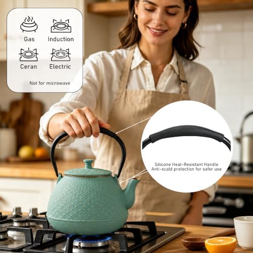 Cast Iron Teapot with Infuser, 42 oz (1250 ml) Large Japanese Tea Pot for Loose Leaf Tea, Enamel Interior, Stovetop Safe, Heat Retaining Design for Family & Friends Sharing, Green - Image 3