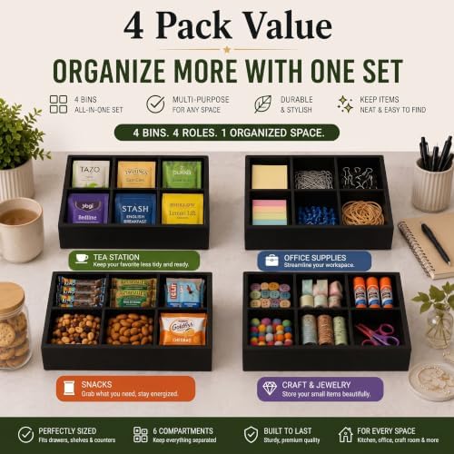 Maitys 4 Pack Black Wooden Tea Bag Organizer, 6 Compartment Storage Box - Image 4