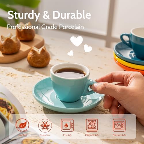 Sweese 2 Ounce Espresso Cups with Saucers, Porcelain Espresso Cups Set of 6 - Hot Assorted Colors - Image 4