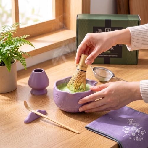 7-Piece Matcha Whisk Set – Ceramic Matcha Bowl with Spout, Bamboo Whisk & Holder, Scoop, Sifter, Tea Towel – Japanese Tea Set & Matcha Starter Kit Gift Box (Purple) - Image 4
