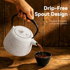 Cast Iron Teapot 34 oz (1000 ml) with Infuser, Water Wave Design, White - Image 7
