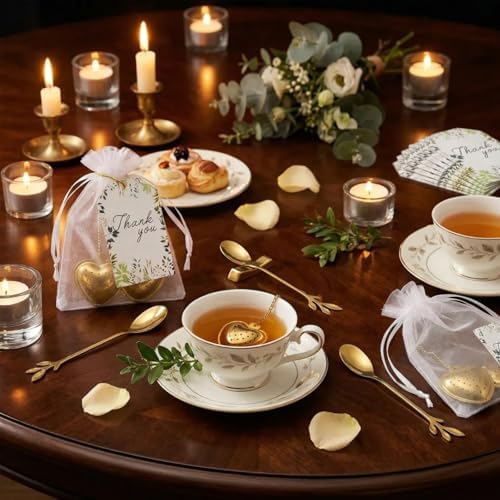 30 Sets Bridal Shower Tea Party Favor Include Organza Bag Thank You Card Heart Shape Infuser Ball Leaf Tea Spoon for Guest Wedding Souvenir Gift(Gold) - Image 4