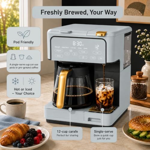 Multi-Brew Coffee Maker – 12-Cup Carafe & Single-Serve Pod or Grounds, Iced Coffee Mode, Programmable Touch Display, Includes Filters (Hydrangea) - Image 2