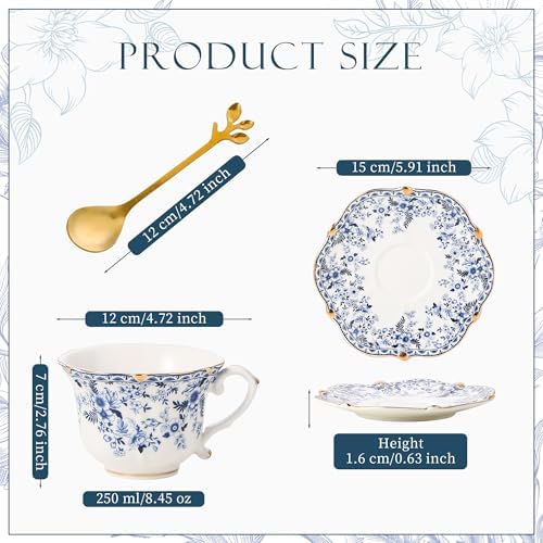 Country Roses Porcelain Tea Cup and Saucer Set with Gold Trim, Vintage Style, For Women and Tea Parties (6, Cyan) - Image 2