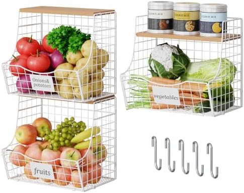 3 Pack Hanging Fruit Basket for Kitchen with Wood Lid - Onion and Potato Storage Fruit Bowl with Nameplate for Counter&Wall Mounted, Stackable Storage Basket,11.81 * 8.66 * 10.63inch by Jautokerdar