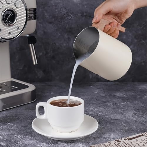 Milk Frother Cup Stainless Steel Coffee Milk Frothing Pitcher Jug Anti-scald Wood Grain Handle 304 Stainless Steel Mug Cup Professional Utensils(350ml Slivery) - Image 4