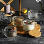 2 Pcs 420 ml Vintage Coffee Mugs, Overnight Oats Containers with Handle, Bamboo Lids and Spoons-Embossed Glass Cups Ideal for Cappuccino, Latte, Cereal, Yogurt, Hot or Cold Beverages - Image 3