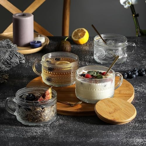 2 Pcs 420 ml Vintage Coffee Mugs, Overnight Oats Containers with Handle, Bamboo Lids and Spoons-Embossed Glass Cups Ideal for Cappuccino, Latte, Cereal, Yogurt, Hot or Cold Beverages - Image 3
