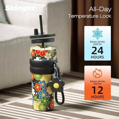 SDGA+ 24 oz Stainless Steel Tumbler with Lid and Straw, Insulated Water Bottle Leak Proof for Hot and Cold, Portable Travel Coffee Mug, Reusable Coffee Cup for Women, Midnight Kimono - Image 5