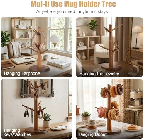 Coffee Mug Tree 6-Hook,Acacia Wood Mug Holder Countertop - Image 6