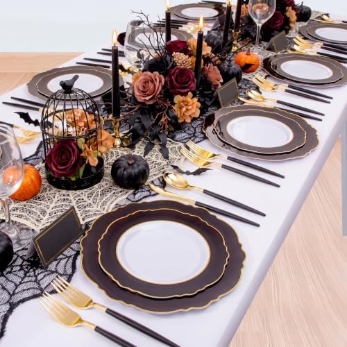 WDF 30Guest Black and Gold Plastic Plates - Gold Plastic Silverware With Black Handle Baroque Black and Gold Disposable Dinnerware for Wedding/Party/Birthday/Halloween - Image 6