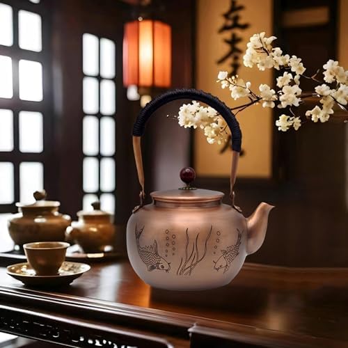 44oz SECHUDO Exquisite Pure Copper Teapot without Coating, Copper Tea Kettle with Tea Ball for Loose Tea, Chinese Style Classic Tea Pot for Stovetop Safe, Fish Pattern(1300ml) - Image 2