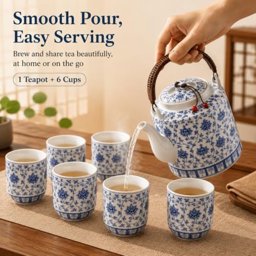 Blue and White Porcelain Tea Set, 9-Piece Ceramic Tea Set with Teapot, Infuser, 6 Tea Cups and Tea Tray, Chinese Gongfu Tea Set for Home, Office and Tea Parties - Image 7