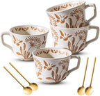 Ceramic Mugs 11 oz Unique Luxurious Cups Set of 4 with Premium Spoon, Mug for Coffee Milk Latte Cappuccino Tea, for Office Home Dishwasher Microwave Freezer Safe, Birthday Gift, Stoneware by Noevany