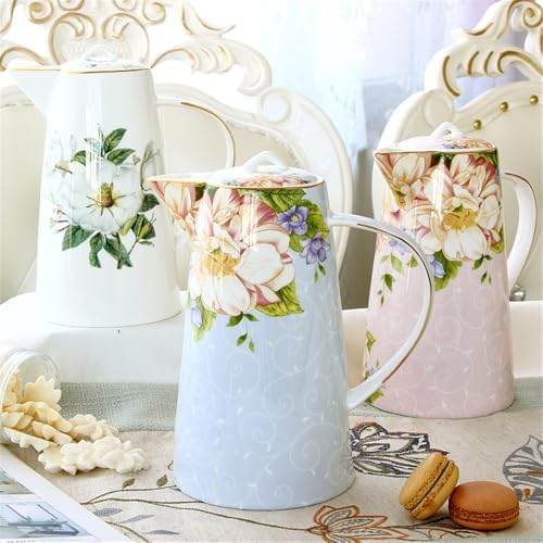 Water Pitcher 1200ML Water Pitcher with Lid and Handle Bone China Tea Kettle Vintage Water Jug Kitchen Cold Or Hot Beverages Coffee Juice Pot Water Jug(White) - Image 3