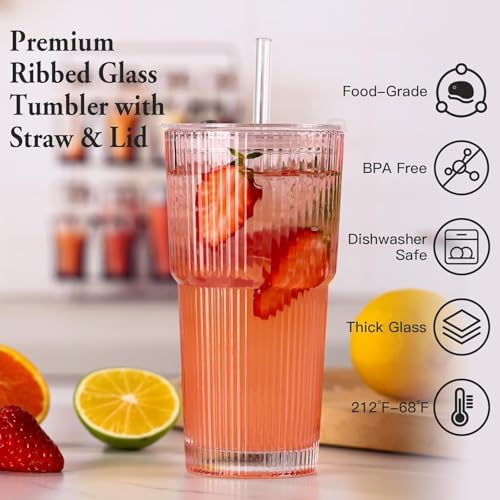4PCS Colored Ribbed Glass Cups with Lids and Straws, 20oz Vintage Drinking Glasses, Aesthetic Iced Coffee Cups, Glass Tumbler for Boba, Beer, Tea, Cocktails, Ribbed Glassware Set,Colored - Image 2