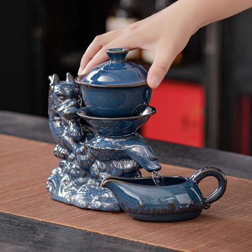 Ceramic Teapot with Infuser Semi Automatic Tea Set Magic Teapot with 8 cups Gradient Color (Blue Dragon- B) - Image 2