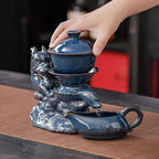 Ceramic Teapot with Infuser Semi Automatic Tea Set Magic Teapot with 8 cups Gradient Color (Blue Dragon- B) - Image 2