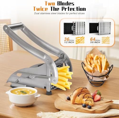 French Fry Cutter, Dishwasher Safe Potato Slicer with 1/2" & 3/8" Blades, Non-Slip Suction Base, Stainless Steel Manual French Fries Cutter for Potato, Carrot, Cucumber and Homemade Fries - Image 2