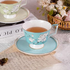 KAMMAK Ceramic Coffee Cups Saucers Set of 2, Porcelain Espresso Cups with Saucers, 8.12 oz Handcrafted Elegant Bone China Tea Cups, Blue & Sage Green Flower Teacup for Party, Office, Women Gift - Image 7