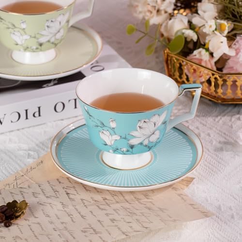 KAMMAK Ceramic Coffee Cups Saucers Set of 2, Porcelain Espresso Cups with Saucers, 8.12 oz Handcrafted Elegant Bone China Tea Cups, Blue & Sage Green Flower Teacup for Party, Office, Women Gift - Image 7
