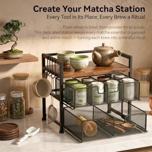 Beslands Tea Bag Organizer & Coffee Station, Matcha Kit Storage, 2 Drawers Tea Bar Tea Box Kitchen Shelf for Countertop, Teabag holder with 4 Hooks, Matcha Tea Station - Image 6
