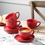 vicrays 6.5 oz Cappuccino Cups with Saucers, Set of 4, Ceramic Coffee Cup for Au Lait, Double shot, Latte, Cafe Mocha, Tea (Red) - Image 2