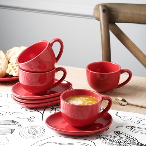 vicrays 6.5 oz Cappuccino Cups with Saucers, Set of 4, Ceramic Coffee Cup for Au Lait, Double shot, Latte, Cafe Mocha, Tea (Red) - Image 2