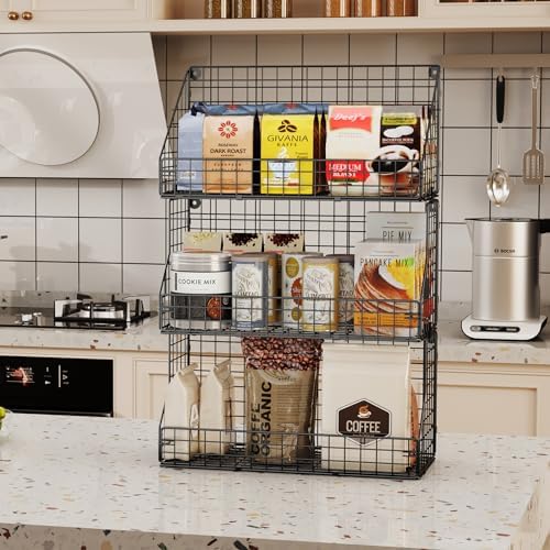 X-cosrack 3-Tier Stackable Detachable Snack Organizer (Large Size), Countertop Display/Wall Mounted Shelf with 5 Hooks Wire Basket Snack Shelf for Office Cabinets, Kitchen, Pantry, 11.8x7.8x22 Inch - Image 4