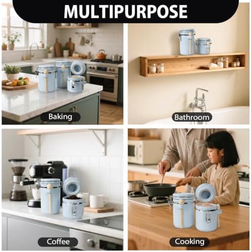 4 Piece Airtight Ceramic Canister Set With Attached Wooden Spoon Reusable Chalk Labels For Dry Goods Sugar Coffee Tea Kitchen Storage Use (LightBlue) - Image 3