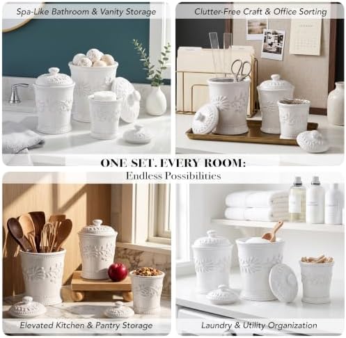 American Atelier Bianca Leaf Canister Set 3-Piece Ceramic Jars in 20oz, 48oz and 80oz Chic Design With Lids for Cookies, Candy, Coffee, Flour, Sugar, Rice, Pasta, Cereal & More, 7x10.25, White - Image 5