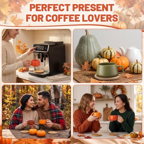 Rtteri 4 Pack 11 oz Fall Ceramic Coffee Cups Set with Saucer Bamboo Coasters, Autumn Tea Mug, Wide Cappuccino Latte Mugs with Handle for Hot Chocolate Americano Espresso - Image 6