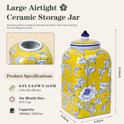 12.5" H Ceramic Kitchen Canisters for Countertop, Tea & Coffee Bean Storage Canister with Airtight Lid, Hand-painted Chinoiserie Decor Ginger Jar for Home Decor, 155 fl oz - Yellow Peony - Image 2