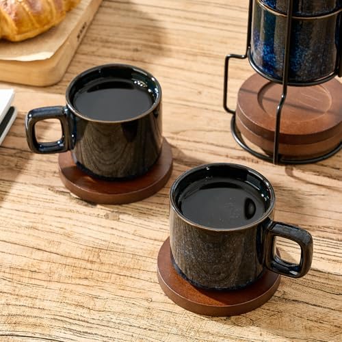 LUKA Porcelain Stackable Espresso Cups with Saucers and Metal Stand, 4 Ounce Small Ceramic Demitasse Cups Set for Latte, Specialty Coffee Drinks, Cafe Mocha,Tea - Set of 4, Reactive Blue - Image 6