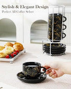 MALACASA 8 OZ Porcelain Espresso Cups with Saucers and Metal Stand Set of 4, Stackable Cappuccino Cups, Marble Black Expresso Shots Cup Set for Coffee Drinks, Latte, Tea - Image 5