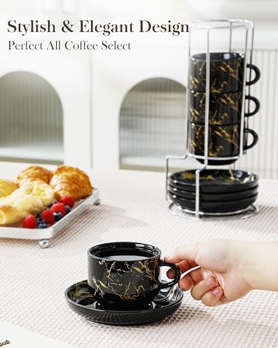 MALACASA 8 OZ Porcelain Espresso Cups with Saucers and Metal Stand Set of 4, Stackable Cappuccino Cups, Marble Black Expresso Shots Cup Set for Coffee Drinks, Latte, Tea - Image 5