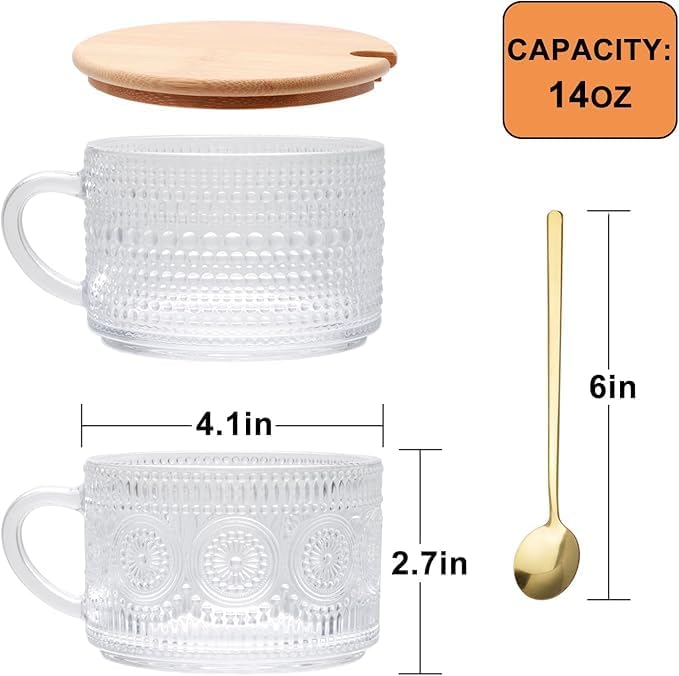 Overnight Oats Containers with Lids Set of 4pcs-420ml, Vintage Coffee Mugs gifts for women, Glass Cups with Spoons and Bamboo Lids,Great for Coffee, Overnight Oats,Juice. - Image 3