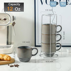 Hasense Porcelain Coffee Mugs, 12 oz Stackable Coffee Cups Ceramic with Steel Rack, Modern Ribbed Latte Cup Sets for Cappuccino, Tea, Espresso, Hot Cocoa, Drinks - Dishwasher & Microwave Safe, Brown - Image 3