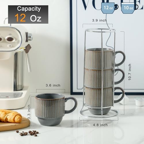 Hasense Porcelain Coffee Mugs, 12 oz Stackable Coffee Cups Ceramic with Steel Rack, Modern Ribbed Latte Cup Sets for Cappuccino, Tea, Espresso, Hot Cocoa, Drinks - Dishwasher & Microwave Safe, Brown - Image 3