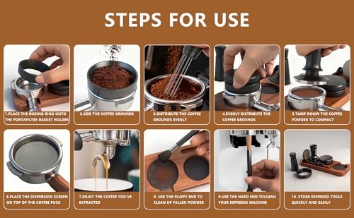 8 PCS Espresso Accessories Kit, 51mm Spring Loaded Espresso Tamper Kit with Wood Espresso Tamping Station, WDT, Stainless Steel Distributor, Dosing Funnel, 2 Puck Screen, Brush (51mm) - Image 7