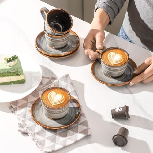 Ceramic Espresso Cups with Saucers 5 Oz,Set of 4 Porcelain Demitasse Cups Set,Small Coffee Cups with Handle for Coffee,Tea,Latte and Macchiato,Cappuccino Mugs for Kitchen and Cafe,Brown - Image 5