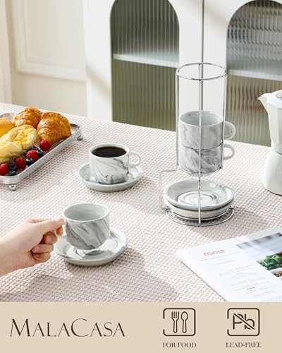 MALACASA 4 OZ Porcelain Espresso Cups with Saucers and Metal Stand Set of 4, Stackable Cappuccino Cups, Marble Gray Expresso Shots Cup Set for Coffee Drinks, Latte, Tea - Image 3